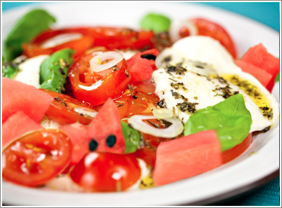 Watermelon, Tomato and Mozzarella Salad